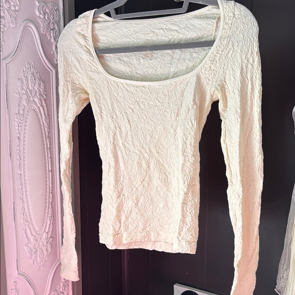 Free People Cream Textured Fitted Blouse
